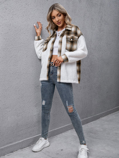 Ivy Lane Plaid Collared Neck Button Down Jacket-SMALL-XL