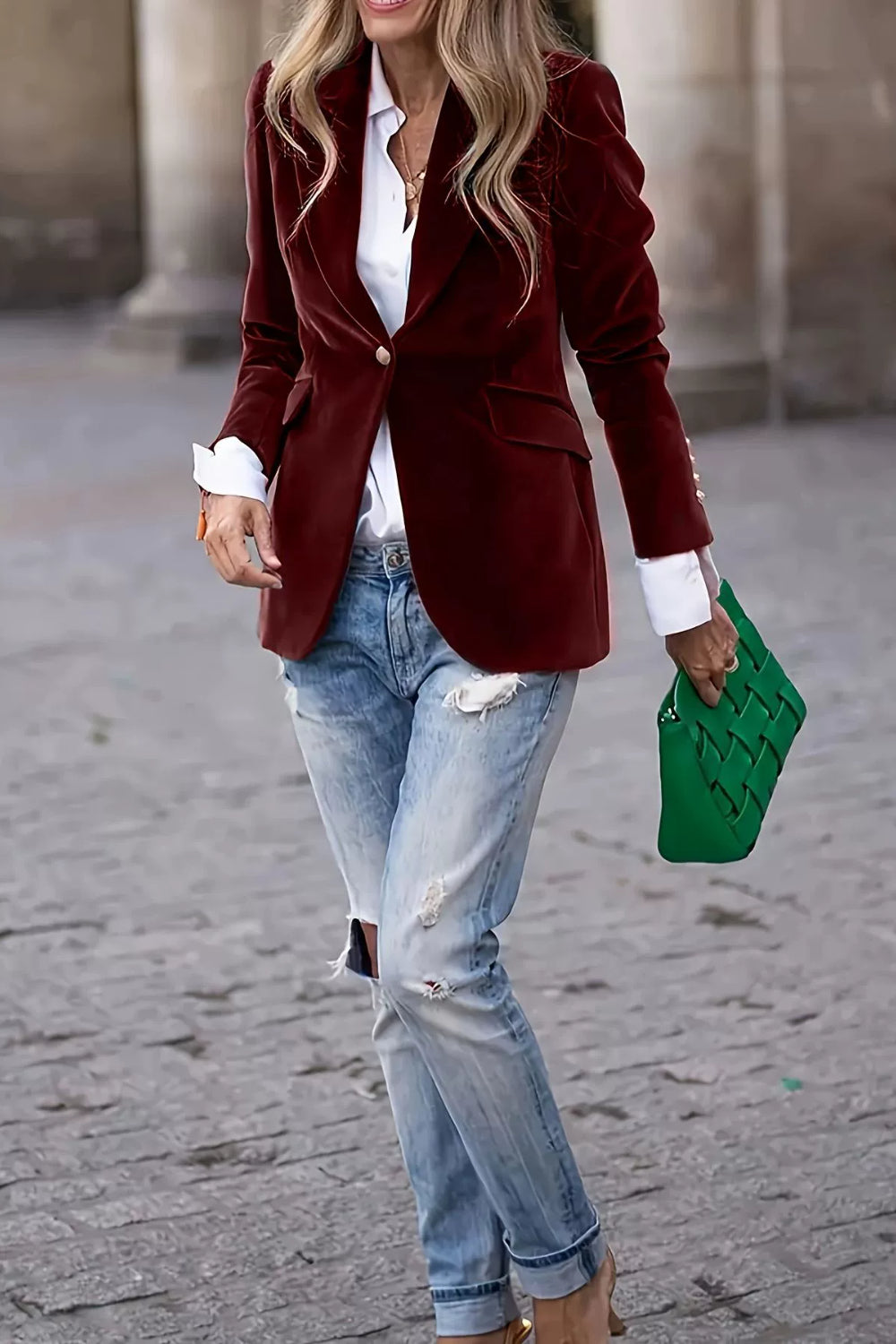 Velvet Lapel Collar One Button Blazer-S-2XL
