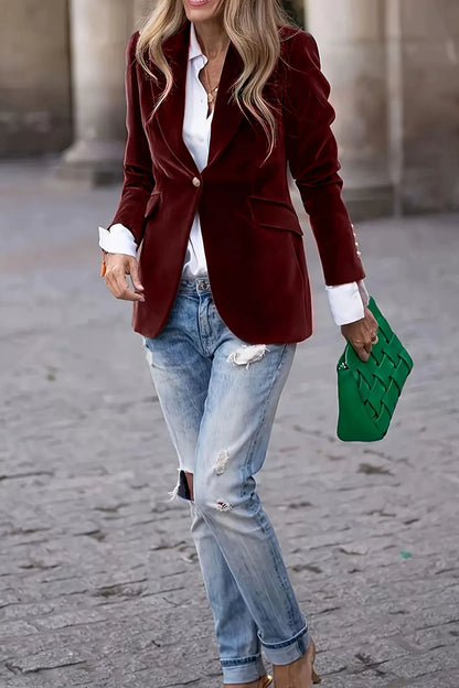 Velvet Lapel Collar One Button Blazer-S-2XL