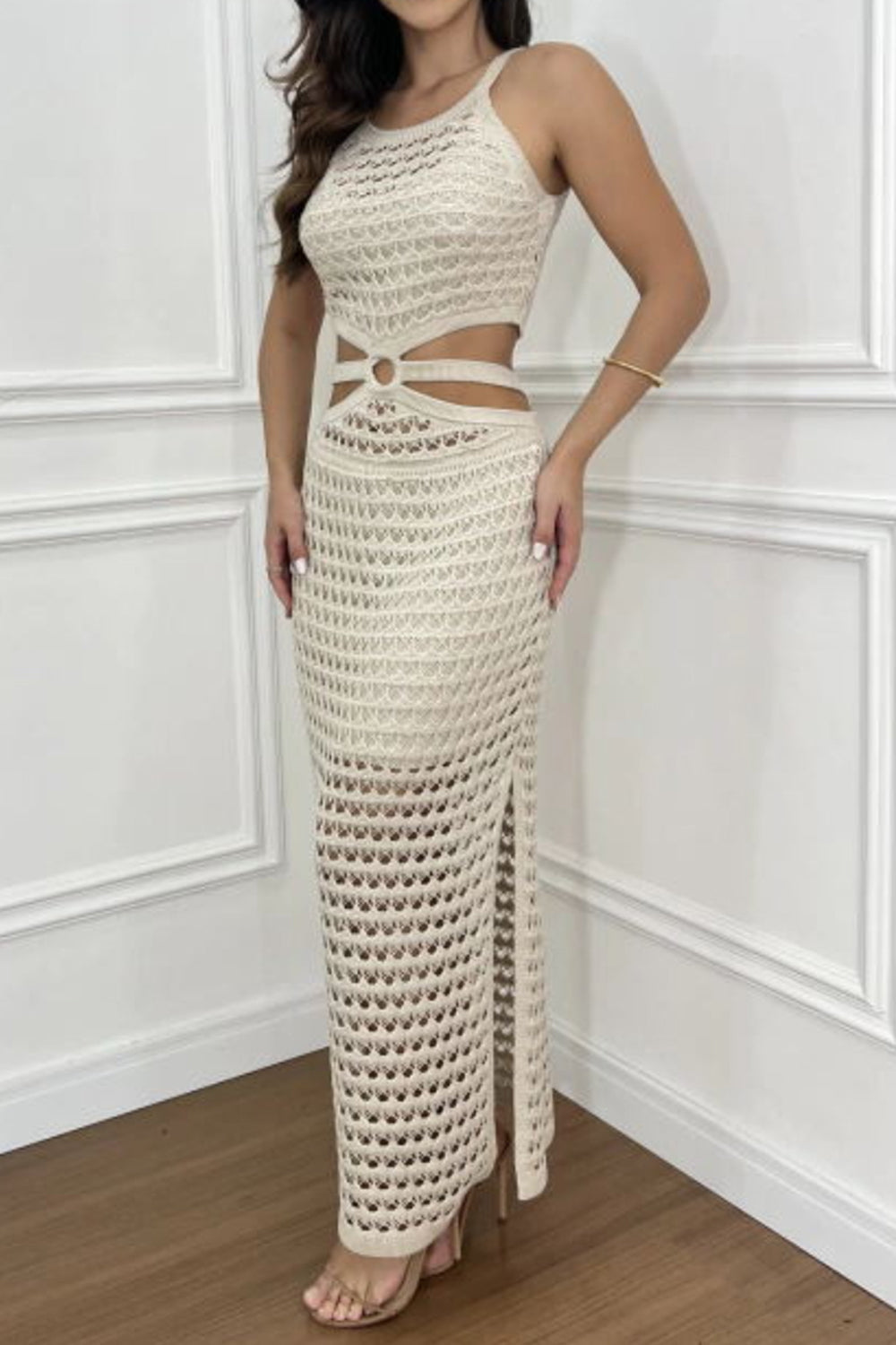 Cutout Slit Round Neck Sweater Dress (beige/taupe/white/sage/orange-red)-SMALL-XL