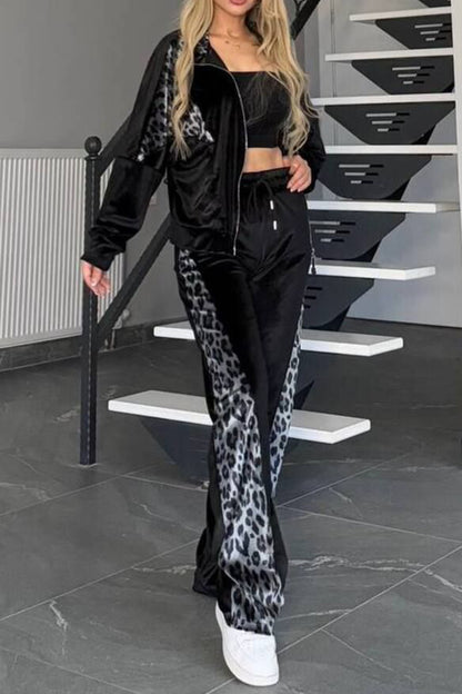 Full Size Collared Neck Leopard Zip Up Top and Pants Set Plus Size (grey/black/camel)-SMALL-3XL