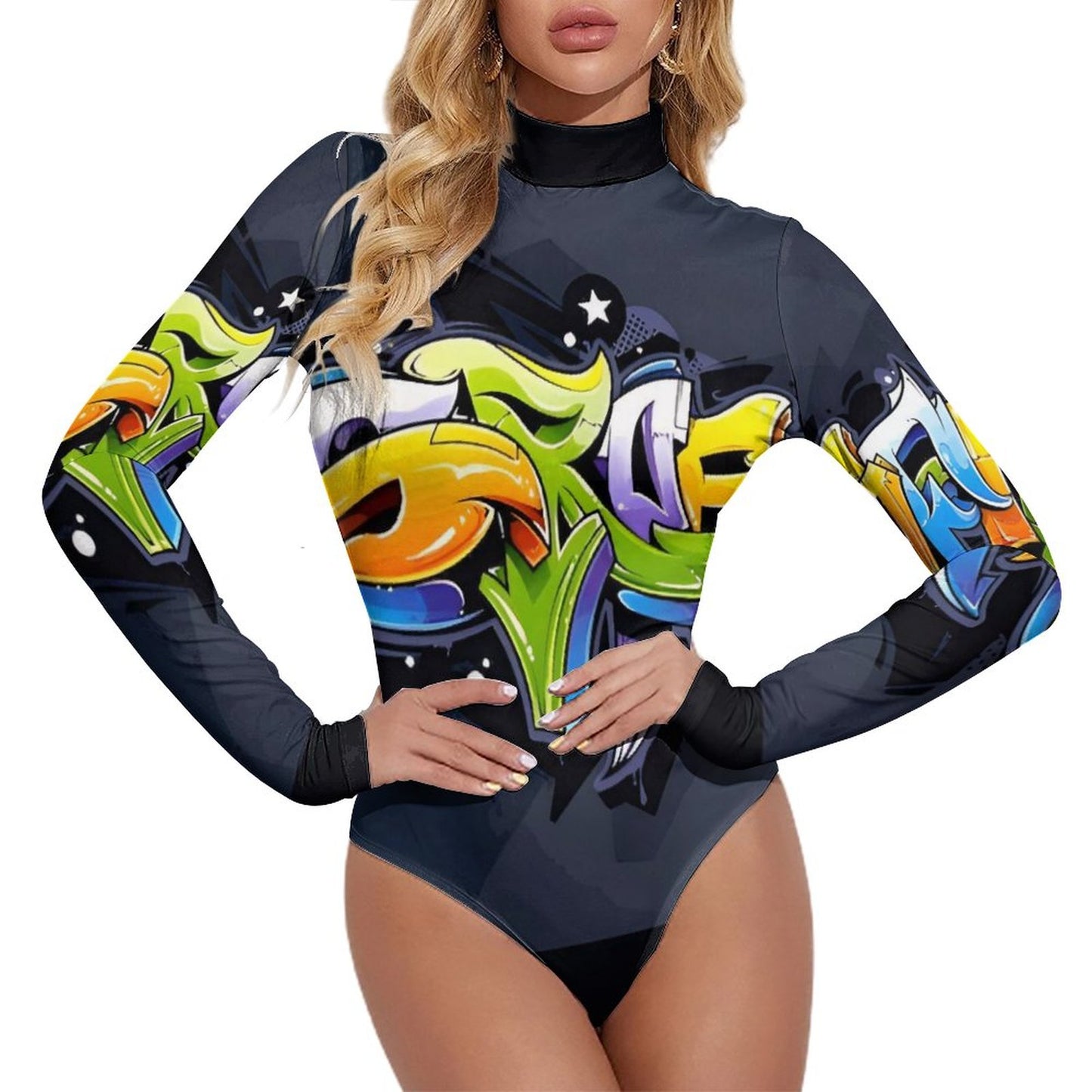 COLORFUL GRAFFITI High-collar Long-sleeve Bodysuit-SMALL-2XL