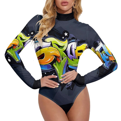 COLORFUL GRAFFITI High-collar Long-sleeve Bodysuit-SMALL-2XL