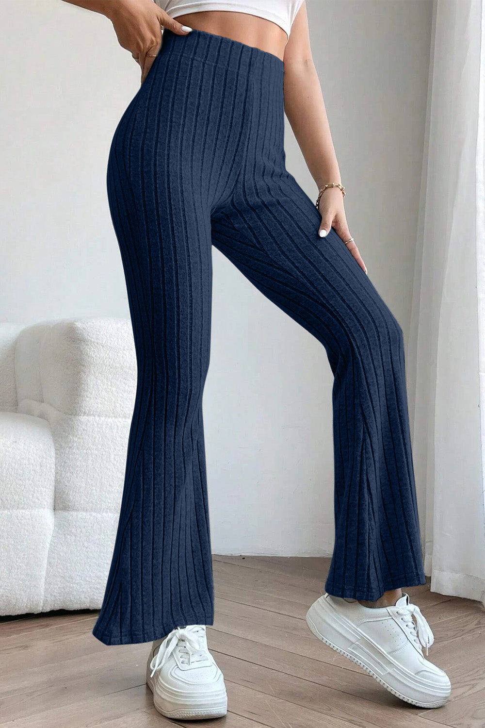 0N SALE:::Full Size Ribbed High Waist Flare Pants (black/blue/teal/grey)-SMALL-3XL