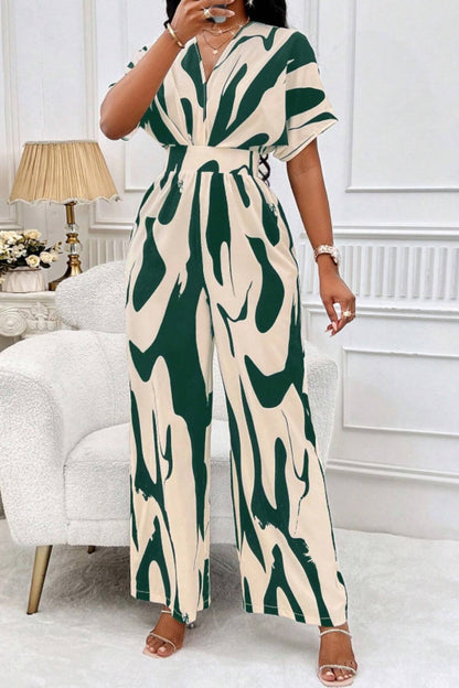 Printed V-Neck Short Sleeve Wide Leg Jumpsuit (black/orange/brown/green)-SMALL-2XL