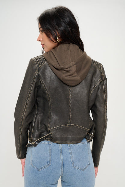 Coalition LA Zip Up Hooded Vegan Leather Jacket-S-XL