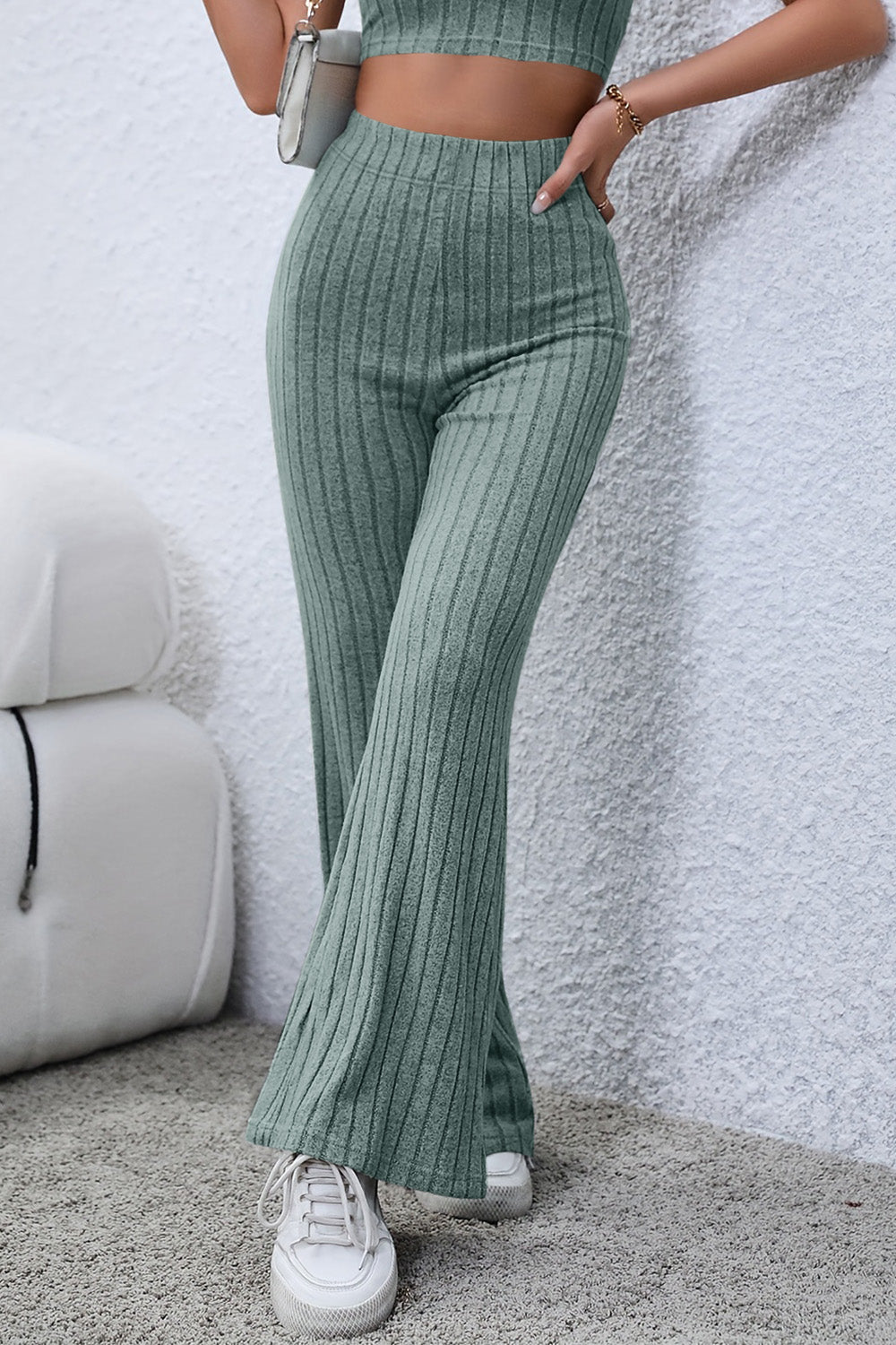 0N SALE:::Full Size Ribbed High Waist Flare Pants (black/blue/teal/grey)-SMALL-3XL
