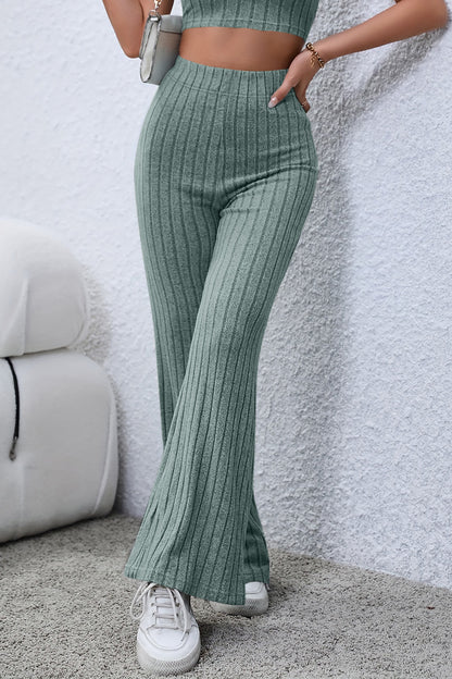 0N SALE:::Full Size Ribbed High Waist Flare Pants (black/blue/teal/grey)-SMALL-3XL