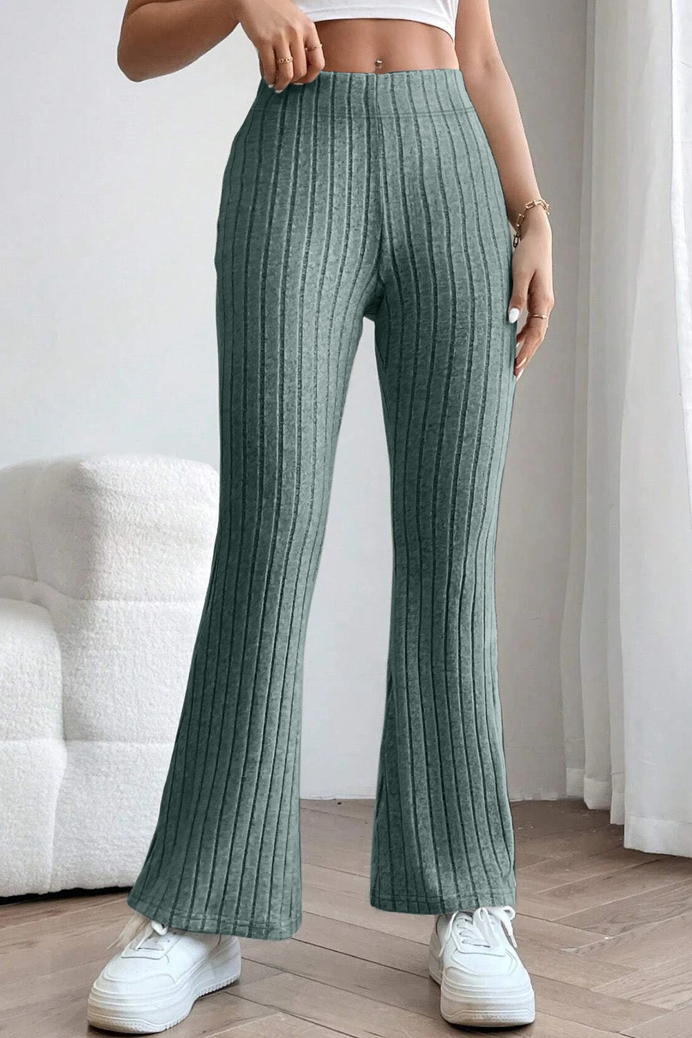 0N SALE:::Full Size Ribbed High Waist Flare Pants (black/blue/teal/grey)-SMALL-3XL