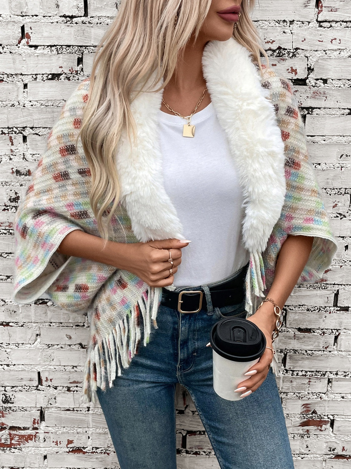 Fringe Fuzzy Open Front Poncho (cream/pink/brown/blue/khaki) ONE SIZE