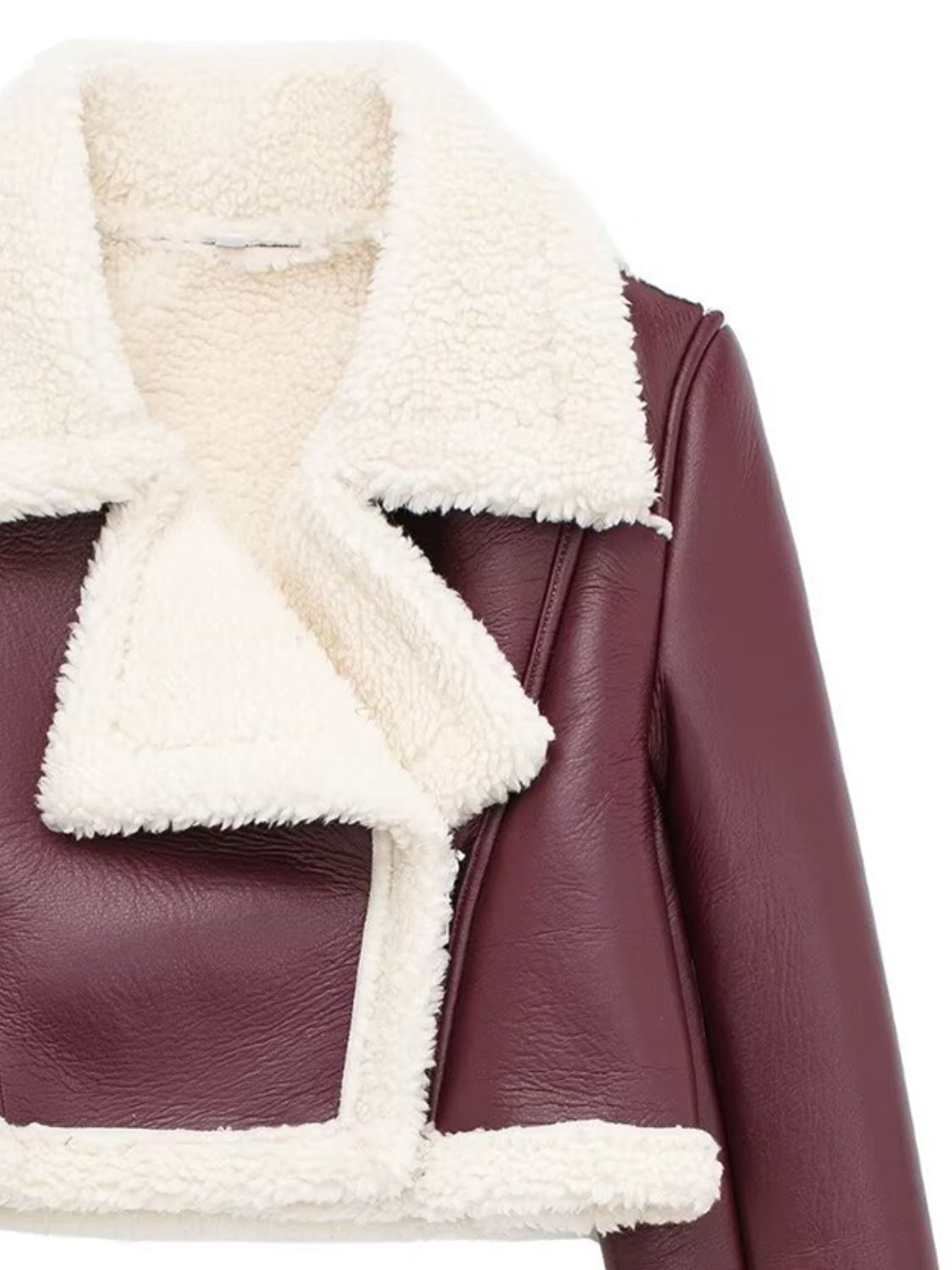 Collared Neck Long Sleeve Plush Cropped Leather Jacket (chocolate & white/black & white/mustard & white/black & reddish brown/brown & reddish brown/coffee brown/burgundy)-SMALL-LARGE