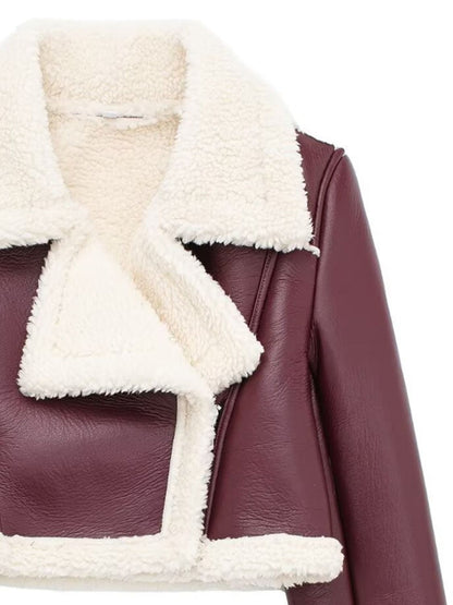 Collared Neck Long Sleeve Plush Cropped Leather Jacket (chocolate & white/black & white/mustard & white/black & reddish brown/brown & reddish brown/coffee brown/burgundy)-SMALL-LARGE