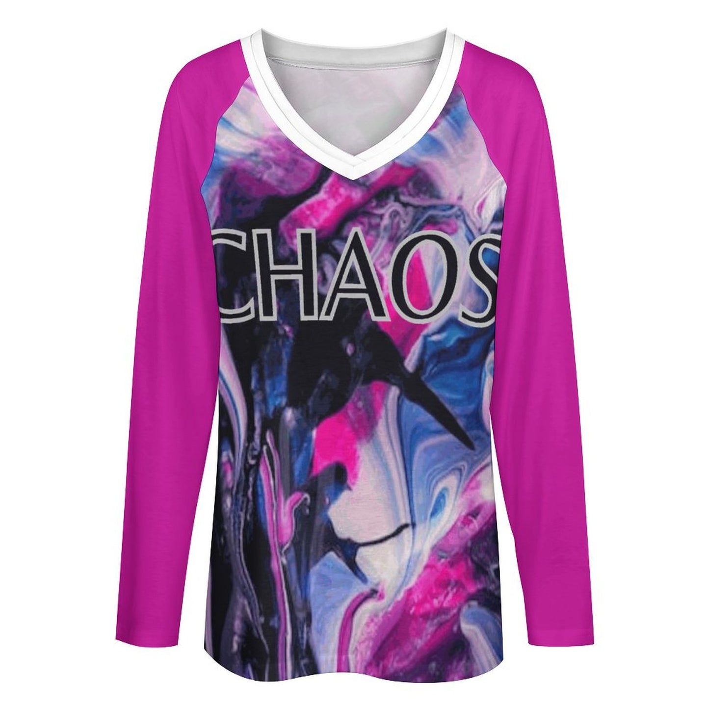 CHAOS V-neck Loose Long Sleeve T-shirt (pink)-SMALL-5XL)