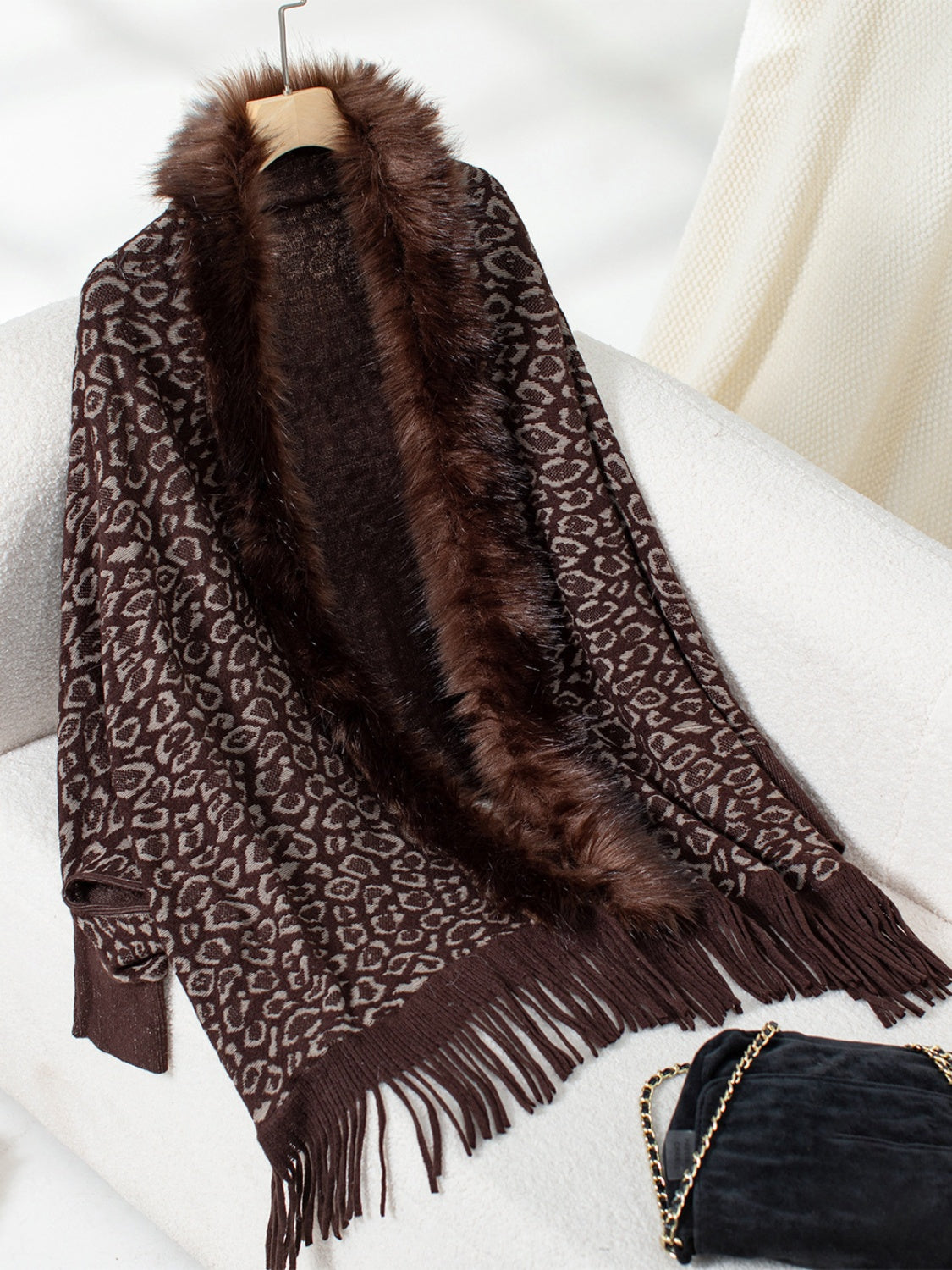 Fringe Leopard Open Front Long Sleeve Poncho (beige/chocolate/indigo/burgundy/brown/black)