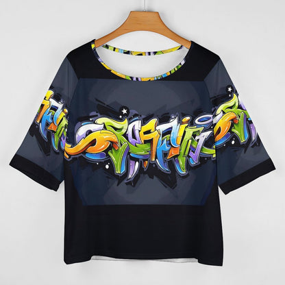 COLORFUL GRAFFITI Women’s Off the Shoulder Half-Sleeve T-shirt-SMALL-5XL