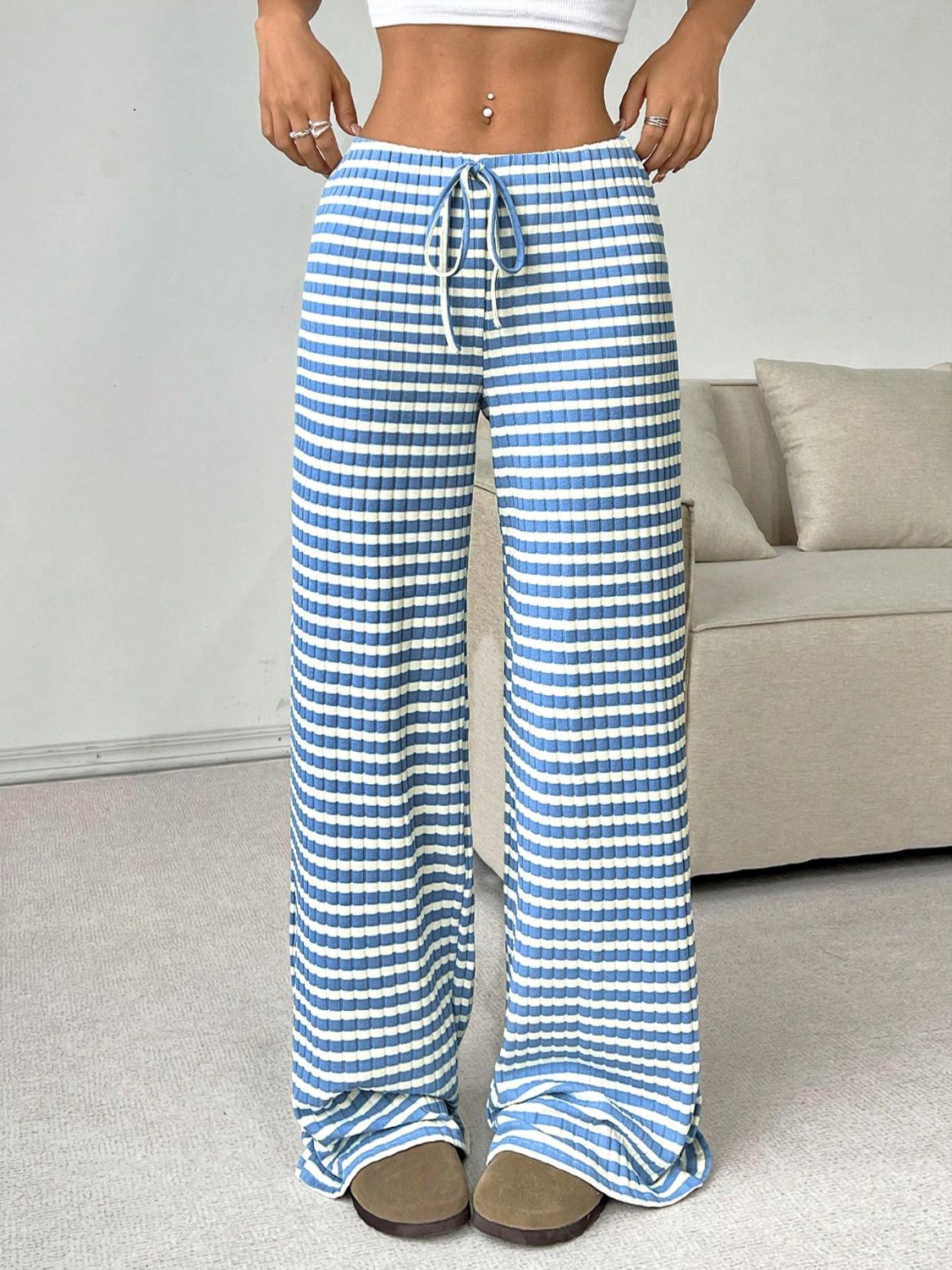 Tied Striped Wide Leg Pants (pink/grey/black/blue/taupe)-SMALL-2XL