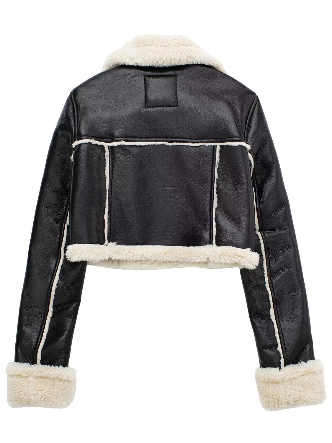 Collared Neck Long Sleeve Plush Cropped Leather Jacket (chocolate & white/black & white/mustard & white/black & reddish brown/brown & reddish brown/coffee brown/burgundy)-SMALL-LARGE