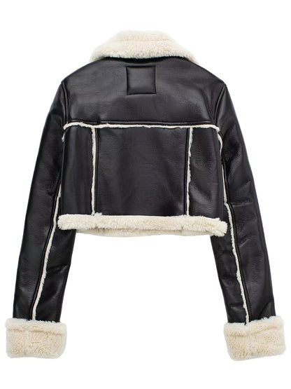Collared Neck Long Sleeve Plush Cropped Leather Jacket (chocolate & white/black & white/mustard & white/black & reddish brown/brown & reddish brown/coffee brown/burgundy)-SMALL-LARGE