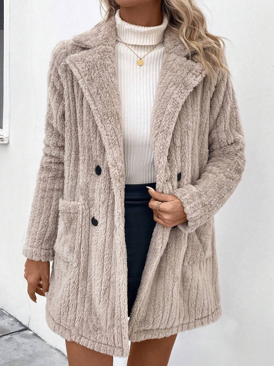 Fuzzy Button Up Long Sleeve Fur Coat with Pockets-SMALL-XL