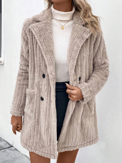 Fuzzy Button Up Long Sleeve Fur Coat with Pockets-SMALL-XL