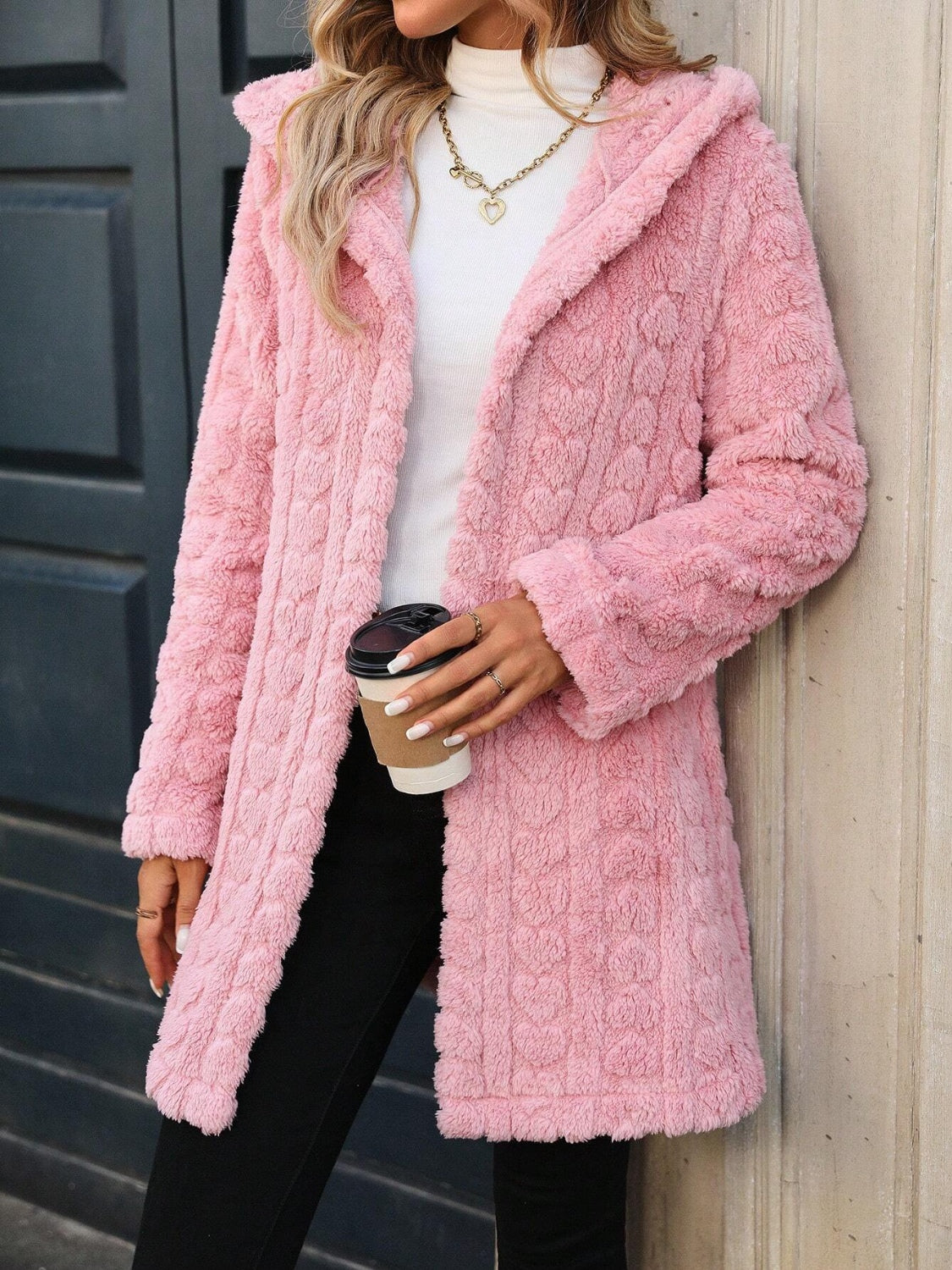 Heart Open Front Hooded Fuzzy Coat-SMALL-XL