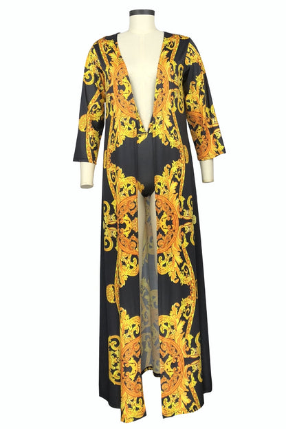 Printed Plunge One-Piece and Cover Up Swim Set-MEDIUM-2XL