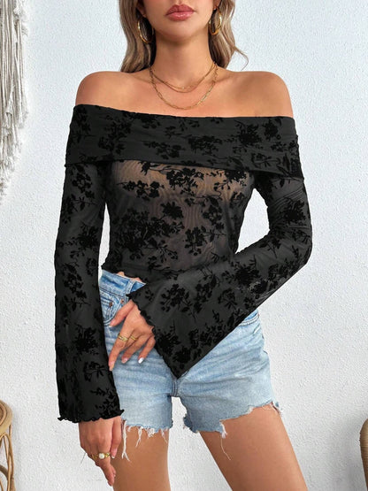 Off-Shoulder Flare Sleeve Lace Top-SMALL-2XL
