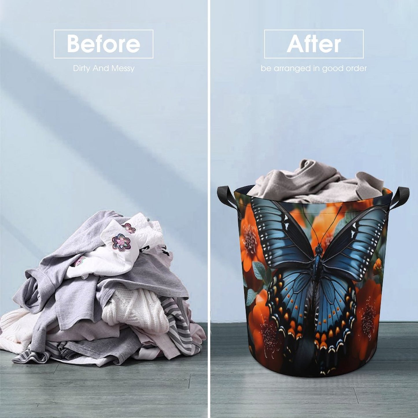 Oxford Collapsible Laundry Basket-BLUE BUTTERFLY