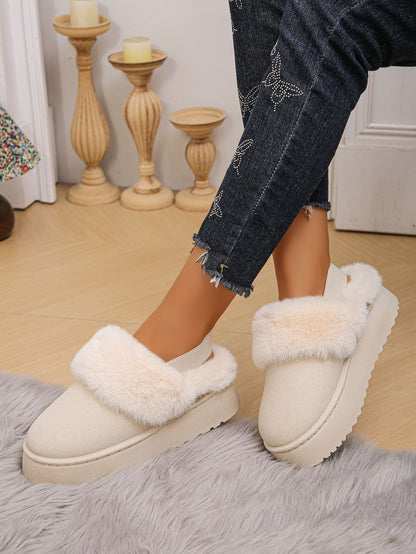 Faux Fur Round Toe Platform Slippers (beige/black/caramel)