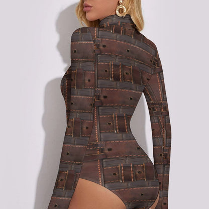 RUGGED LEATHER BUCKLE High-collar Long-sleeve Bodysuit-SMALL-2XL