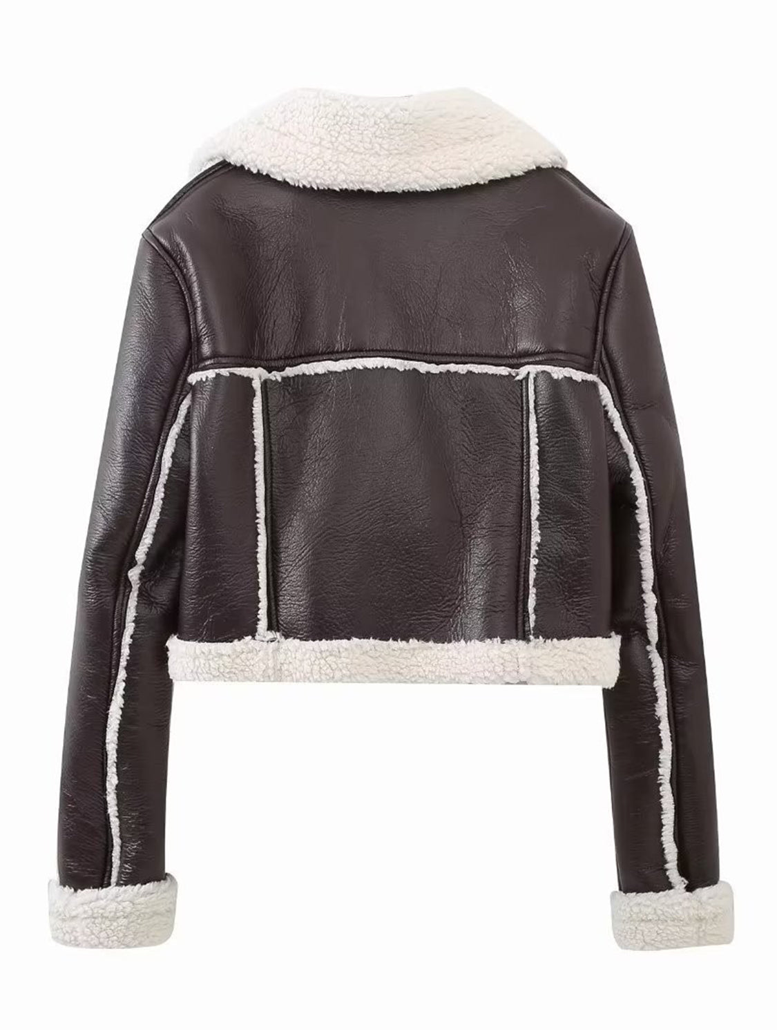 Collared Neck Long Sleeve Plush Cropped Leather Jacket (chocolate & white/black & white/mustard & white/black & reddish brown/brown & reddish brown/coffee brown/burgundy)-SMALL-LARGE
