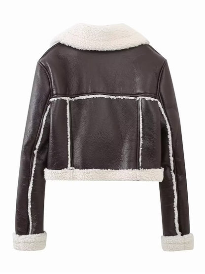 Collared Neck Long Sleeve Plush Cropped Leather Jacket (chocolate & white/black & white/mustard & white/black & reddish brown/brown & reddish brown/coffee brown/burgundy)-SMALL-LARGE