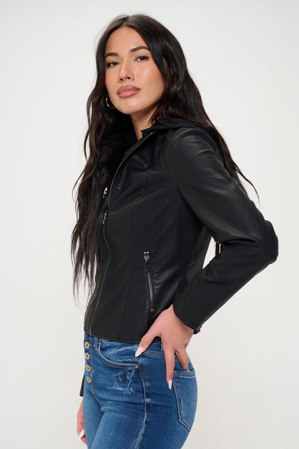 Zip Up Hooded Vegan Leather Jacket-S-XL