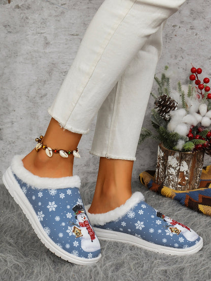 Snowman Print Flat Slippers with Faux Fur (blue/red)