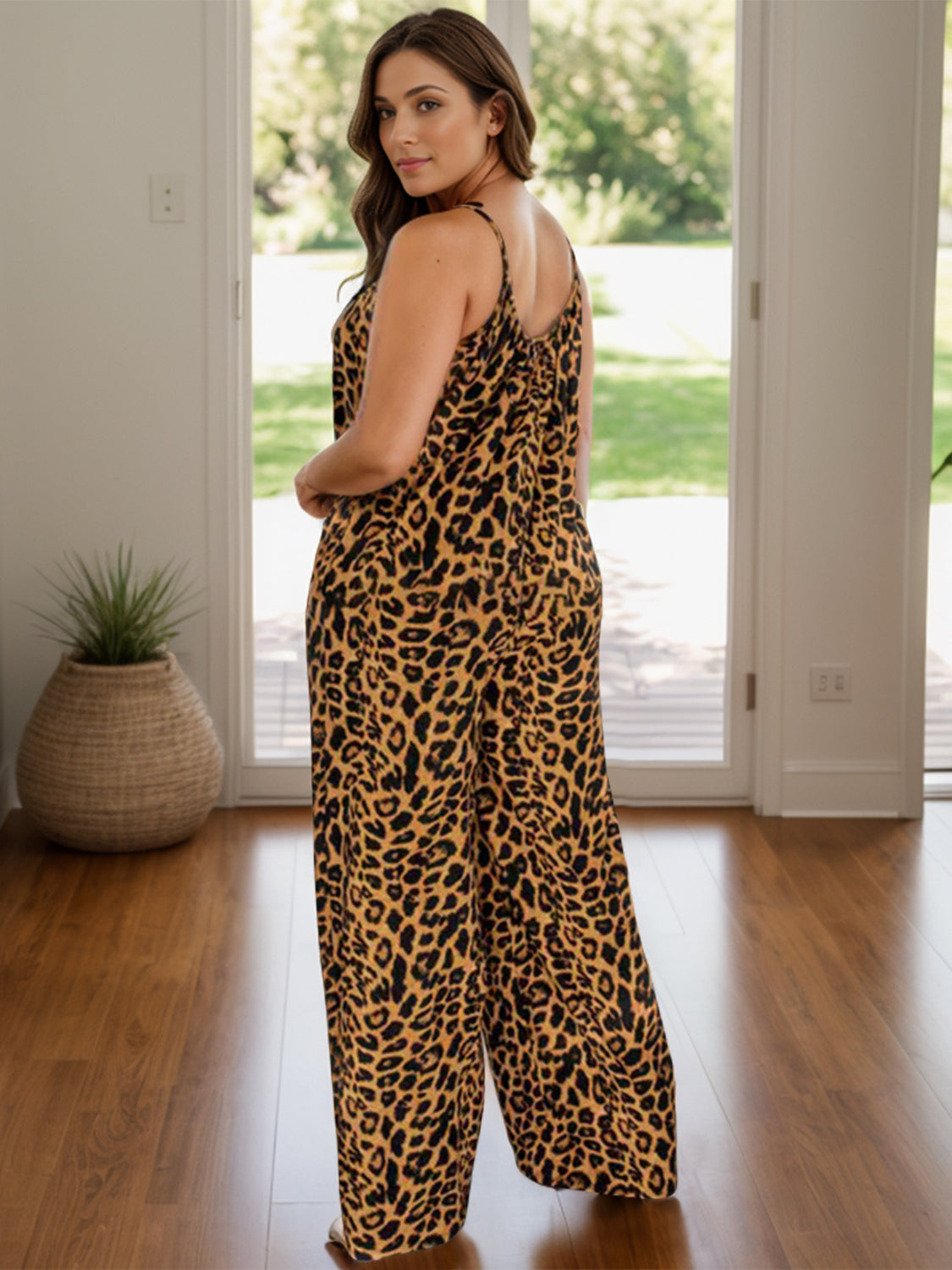 ON SALE:::Full Size Leopard Scoop Neck Wide Leg Jumpsuit-SMALL-3XL (caramel/purple/dark green/teal/yellow-green-terracotta)