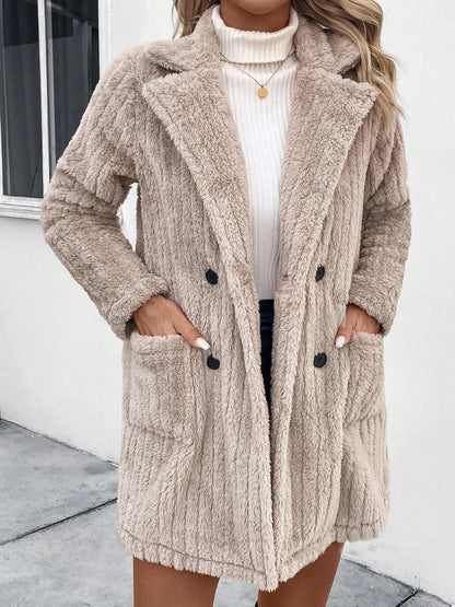 Fuzzy Button Up Long Sleeve Fur Coat with Pockets-SMALL-XL