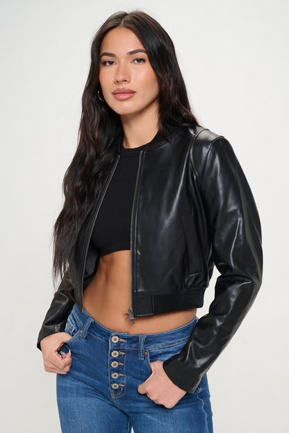 Zip Up Cropped Bomber Vegan Leather Jacket-SMALL-XL