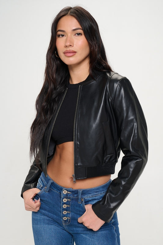 Zip Up Cropped Bomber Vegan Leather Jacket-SMALL-XL