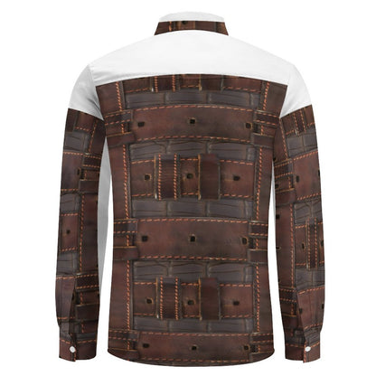 RUGGED LEATHER BUCKLE Print Linen Men Long Sleeve Shirt with Pocket-*XS-7XL