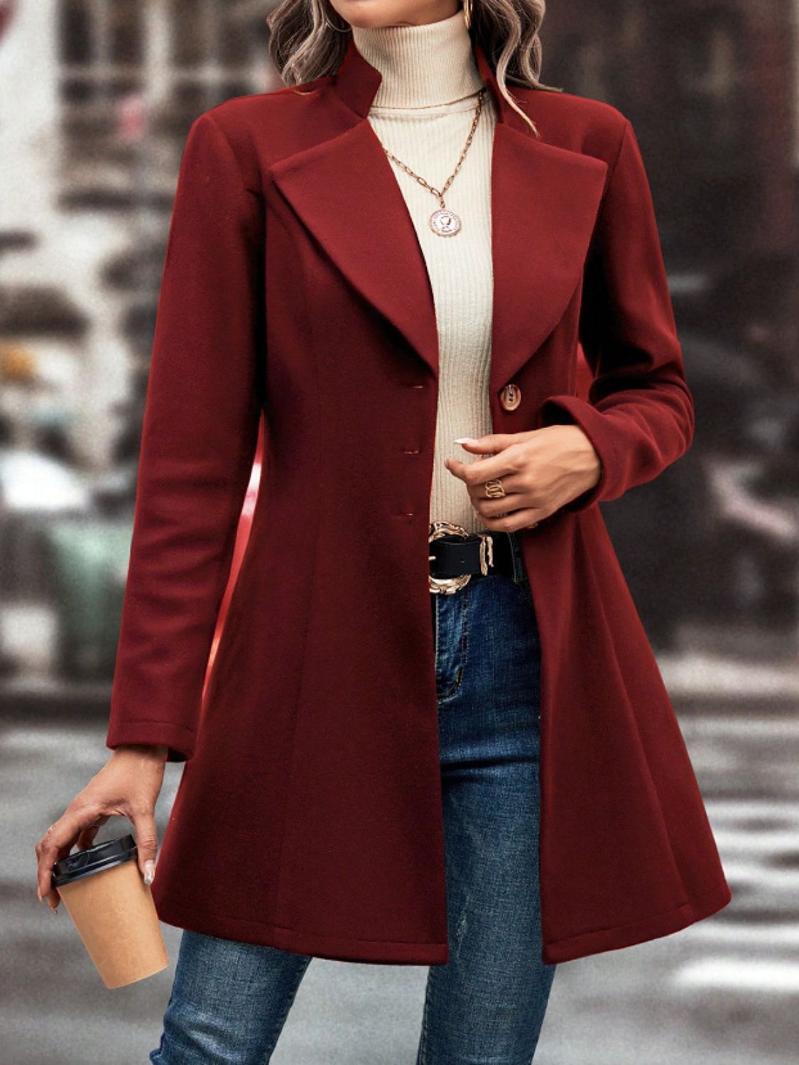 Collared Neck Button Up Long Sleeve Coat-SMALL-XL