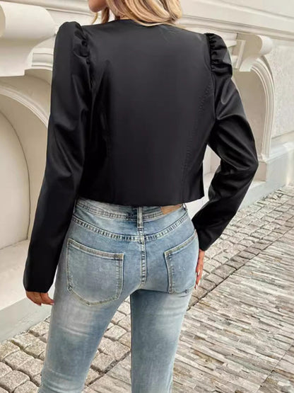 PU Leather Open Front Puff Sleeve Jacket (caramel/black/burgundy)-SMALL-XL