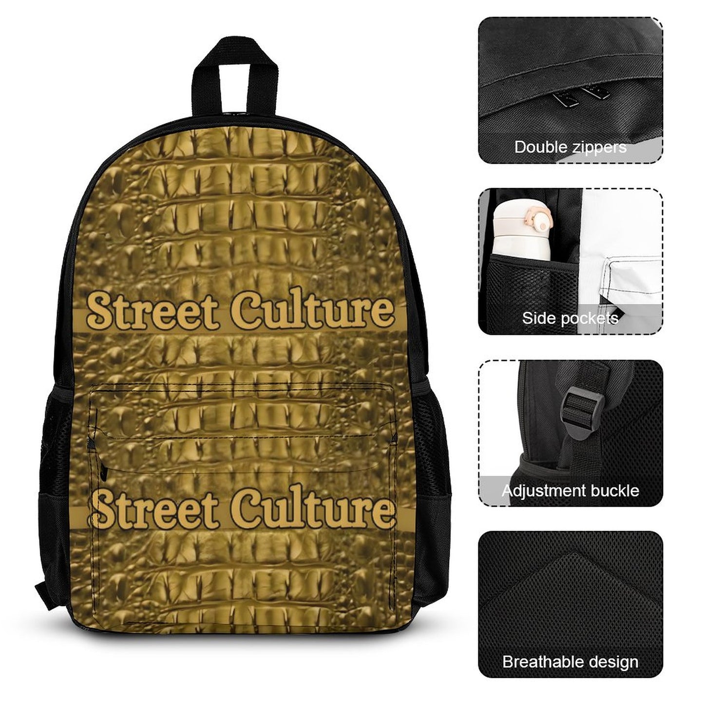 STREET CULTURE Alligator Set of 3 Bags (Backpack/Insulated Lunch Bag/Pencil or Glasses Case) Pouch)