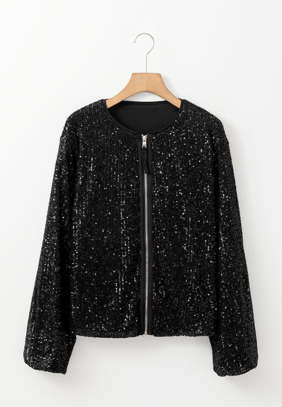 Sequin Zip Up Long Sleeve Jacket (black/cream)-SMALL-XL