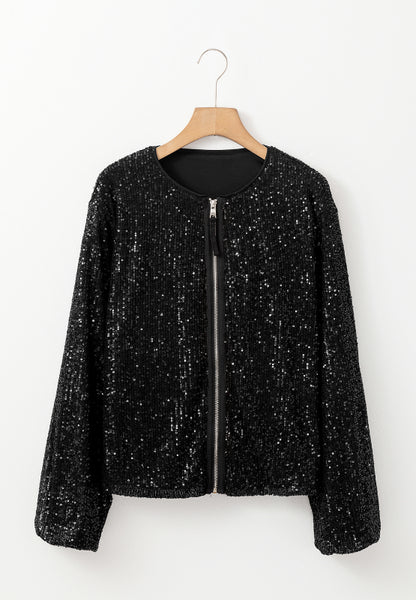 Sequin Zip Up Long Sleeve Jacket (black/cream)-SMALL-XL