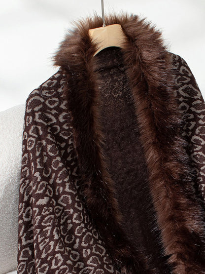 Fringe Leopard Open Front Long Sleeve Poncho (beige/chocolate/indigo/burgundy/brown/black)