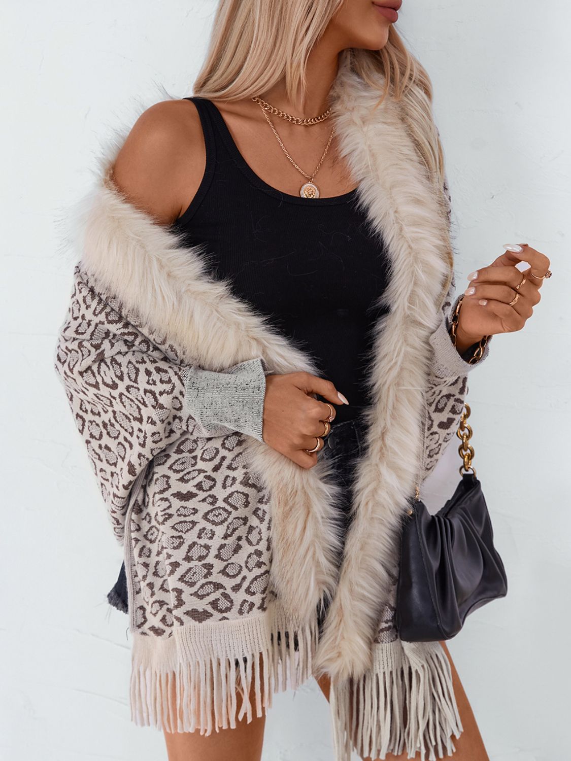 Fringe Leopard Open Front Long Sleeve Poncho (beige/chocolate/indigo/burgundy/brown/black)