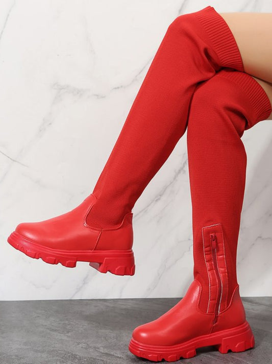PU Leather Round Toe Platform Boots (red/black/beige/black & red)