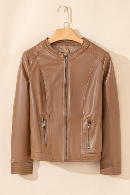 PU Leather Round Neck Long Sleeve Jacket (green/taupe/black)-SMALL-XL