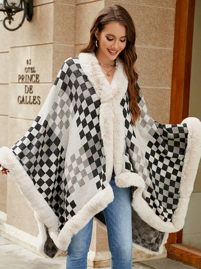 Fuzzy Checkered Long Sleeve Poncho (beige/tan/pink/navy/black)