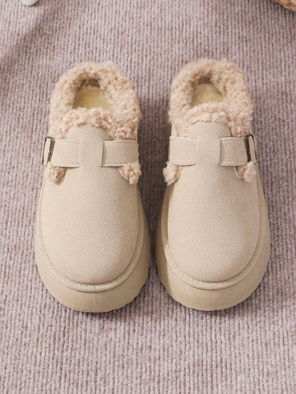 Thermal Fuzzy Buckle Platform Slippers (caramel/beige/black)